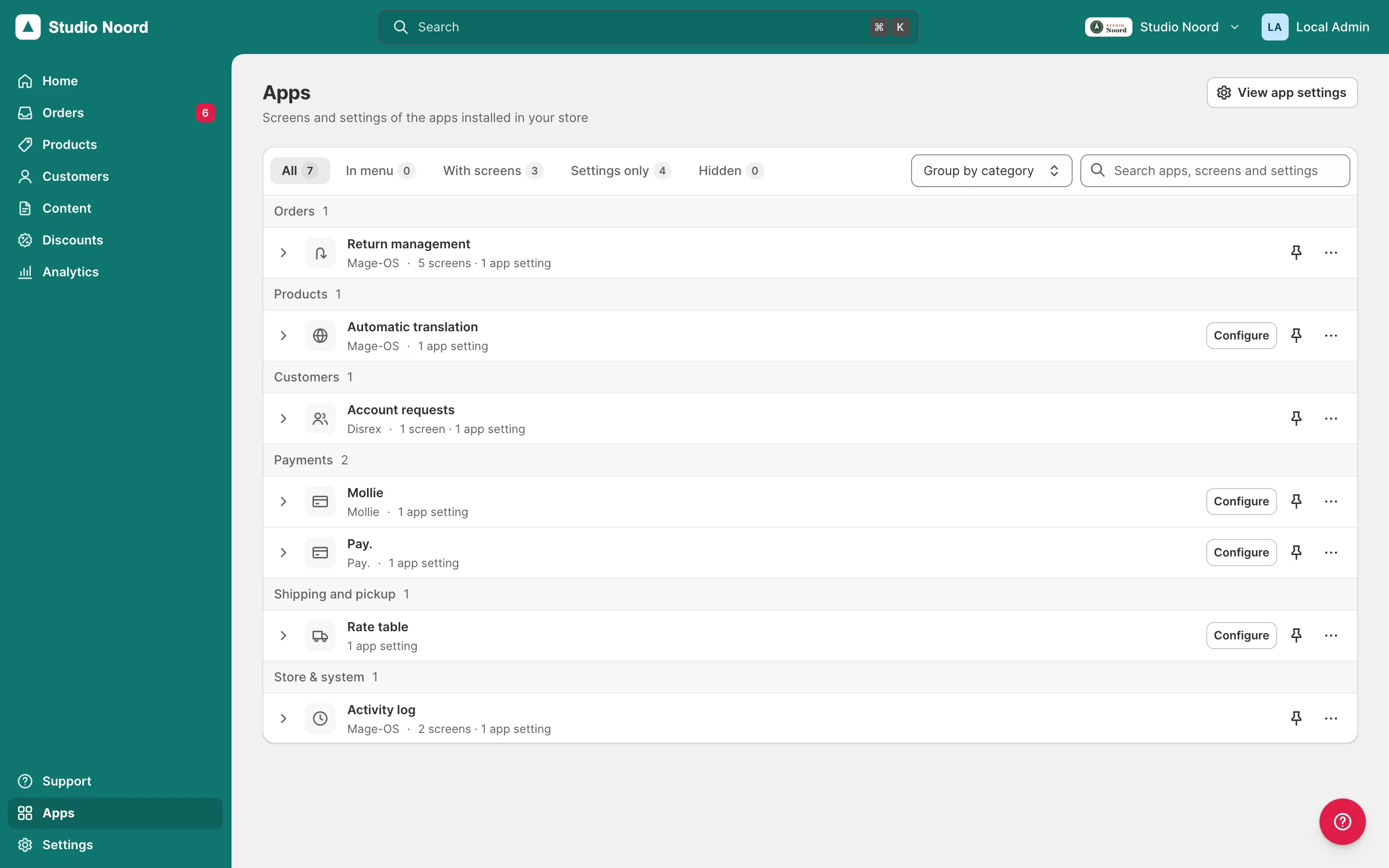 Apps: one card with the tabs, Group by and the search on top, then one row per app, grouped by the job it does