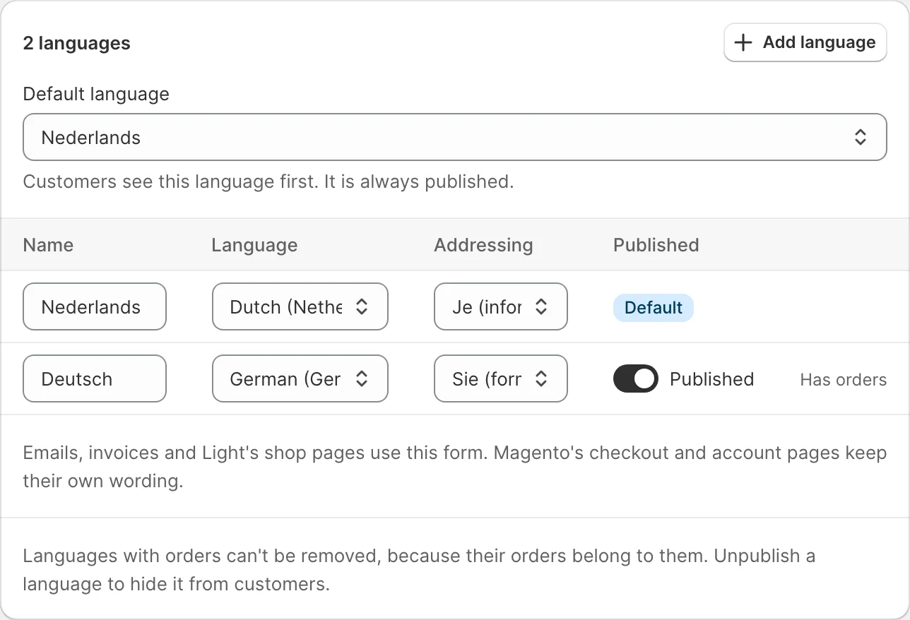 A channel page's Languages card: the Addressing column with one select per language, Je (informal) for Dutch and Sie (formal) for German