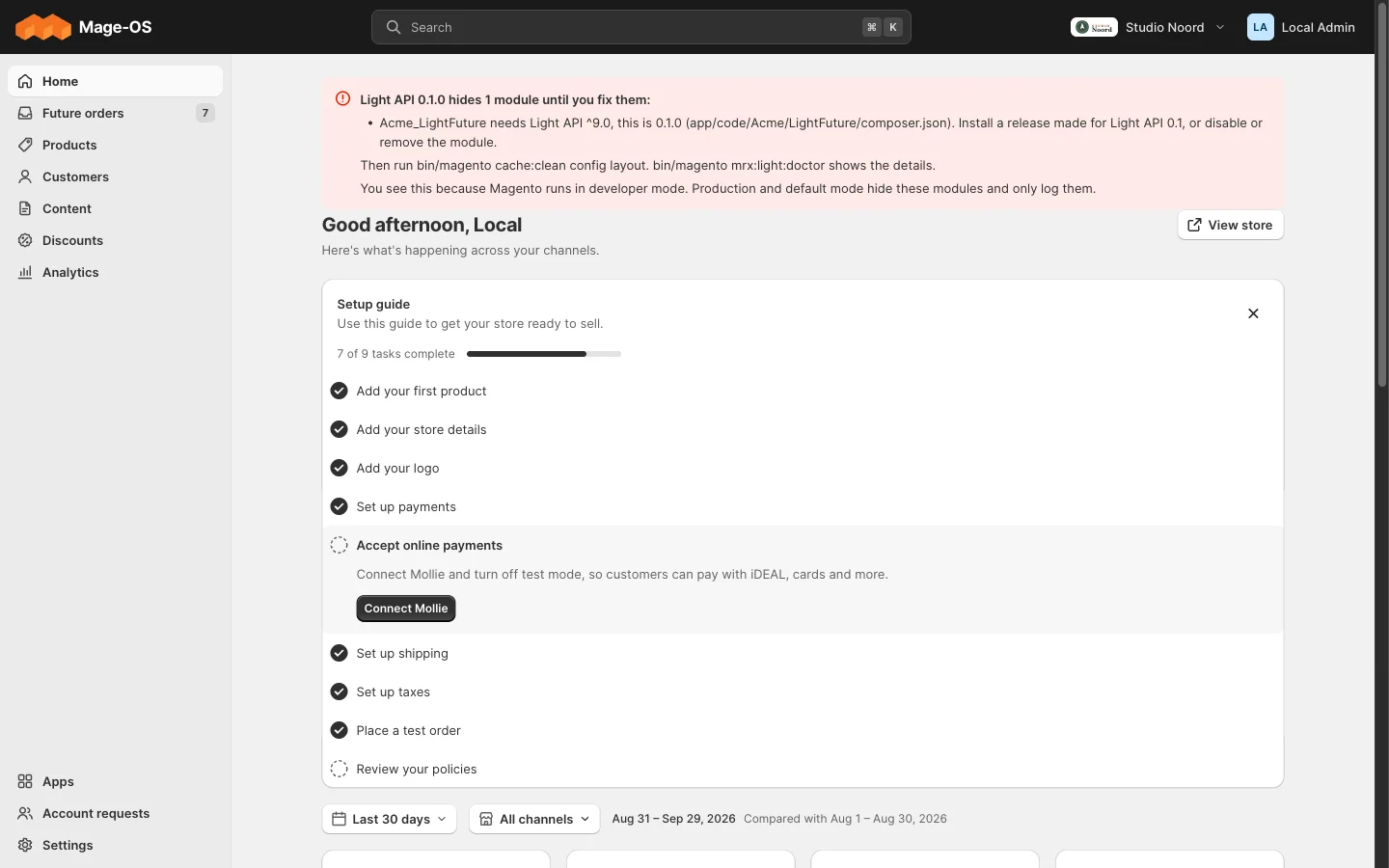 The red compatibility banner on a Light page in developer mode, with the hidden module, its range and the fix