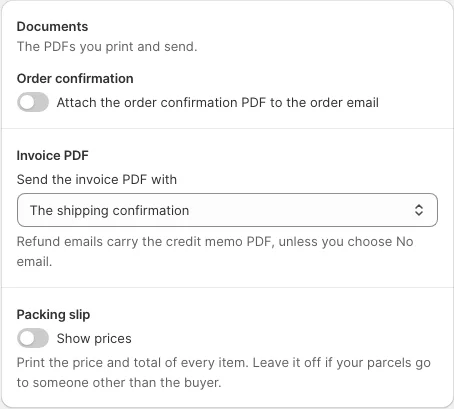 The Documents card on Settings > Emails & documents: the order confirmation switch, "Send the invoice PDF with" set to the shipping confirmation, and the packing slip switch