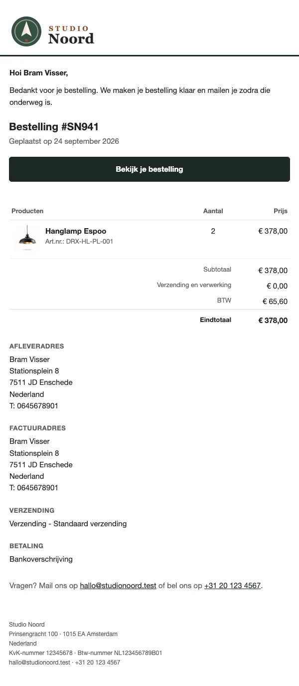 An order confirmation of Studio Noord in the Clean format, as the customer receives it
