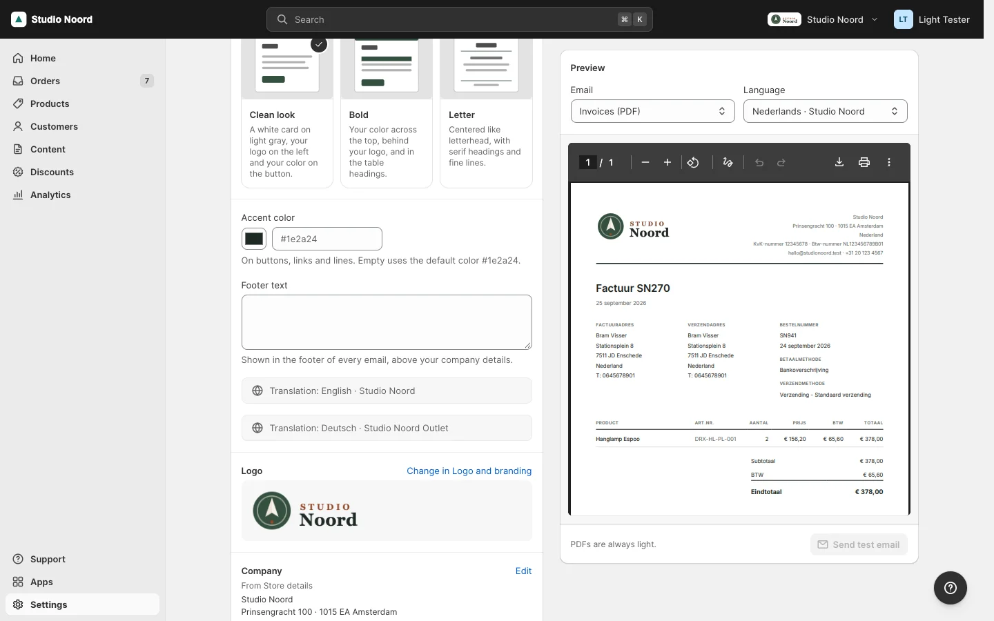 Settings > Emails & documents with "Invoices (PDF)" picked in the preview: Studio Noord's newest invoice in the Clean format