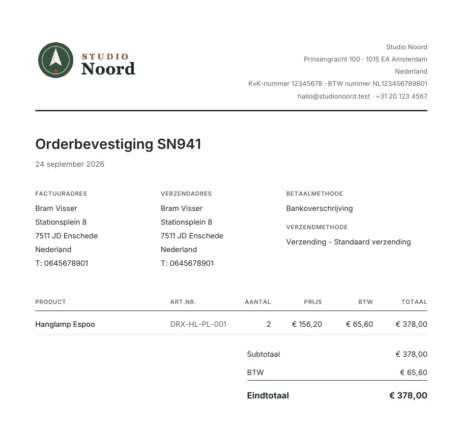 The order confirmation PDF of order SN941 in the Clean format, in Dutch: the letterhead, the billing and shipping address, the payment and shipping method, the item and the totals