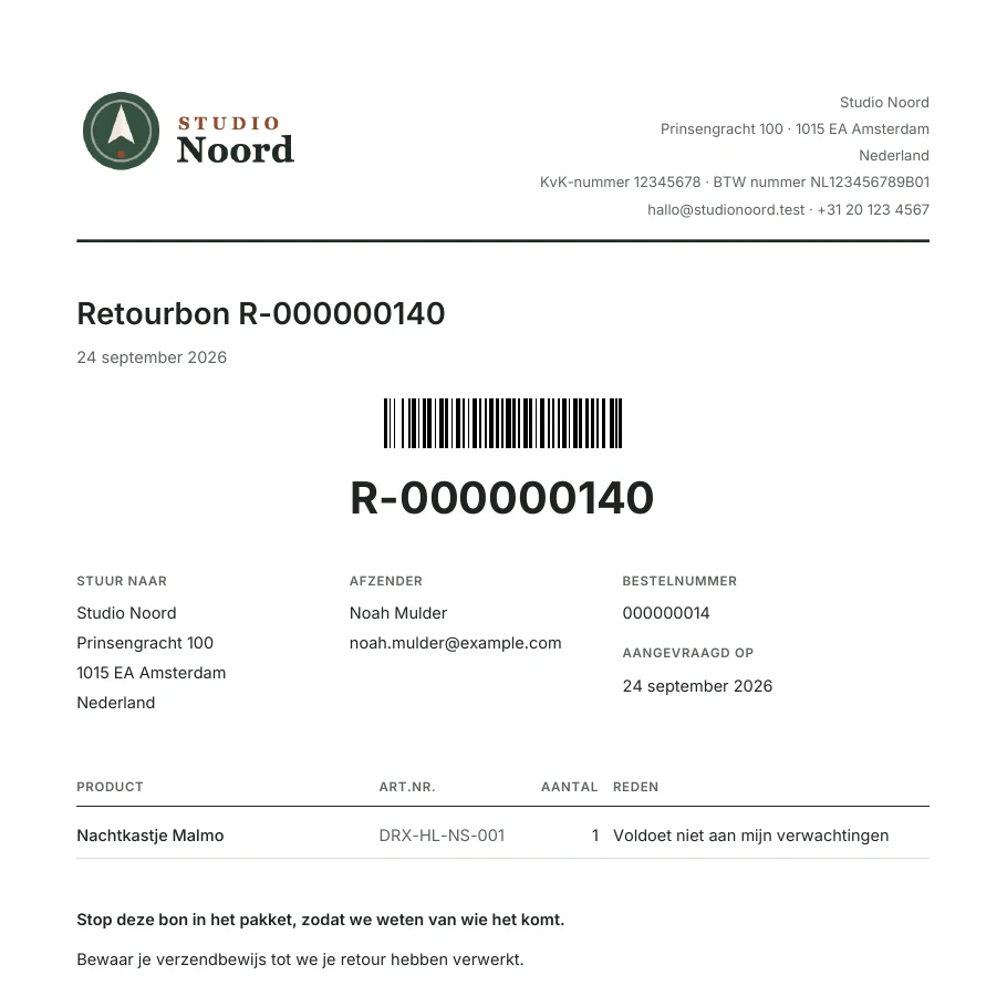The return slip of return R-000000140 in the Clean format, in Dutch: the letterhead, the return number in large type under its barcode, where to send the parcel, the sender, the order number, the item with its reason, and the note to put the slip in the parcel
