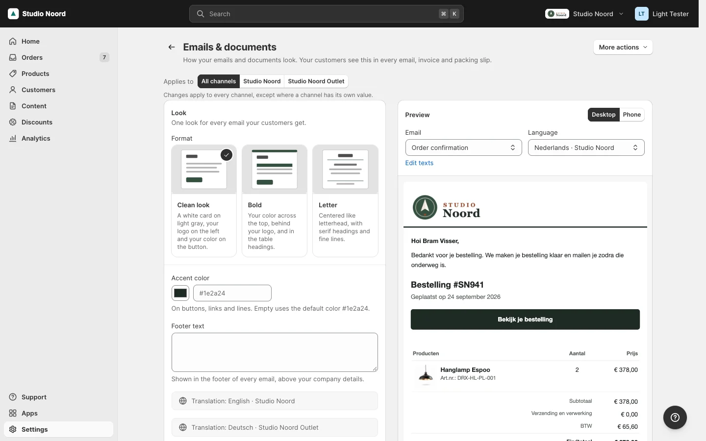 Settings > Emails & documents: the three format cards, the accent colour, the footer text and the preview of an order confirmation