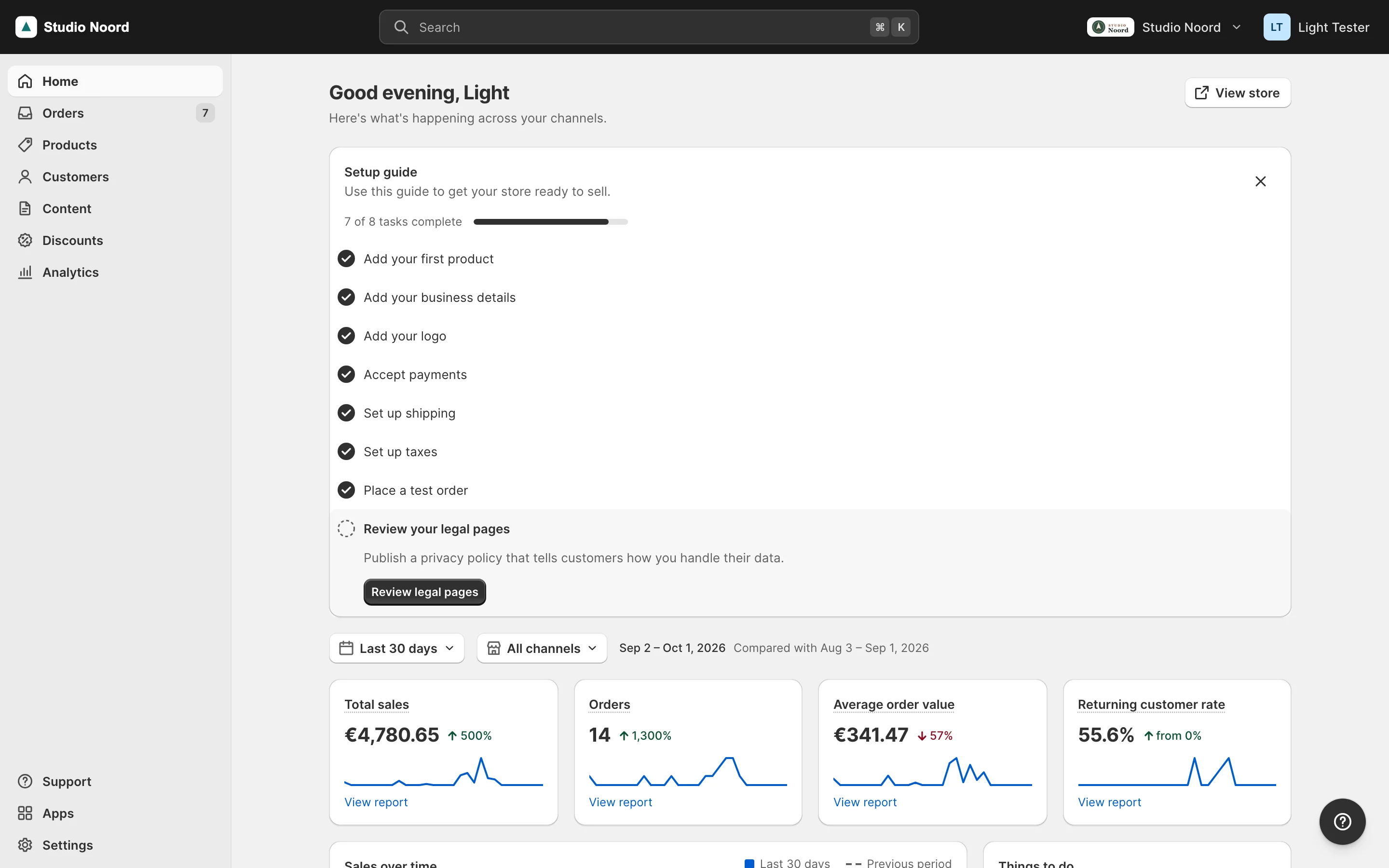 Home in simple mode: the setup guide, the numbers of the last 30 days and the navigation with its counters