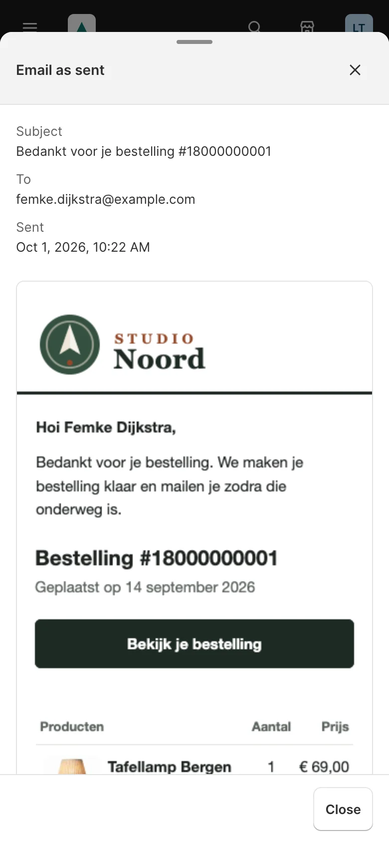The same email on a phone, in a bottom sheet with a grab handle