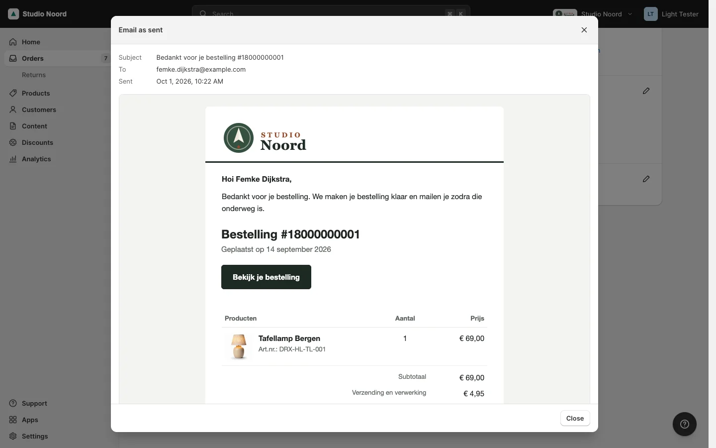 An order confirmation opened with View email: subject, recipient and send time above the mail as the customer got it