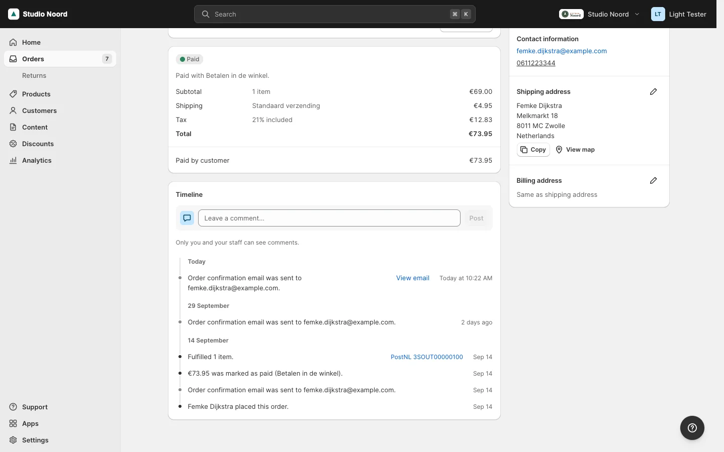 The timeline of an order: "Order confirmation email was sent to …" with a View email button next to it