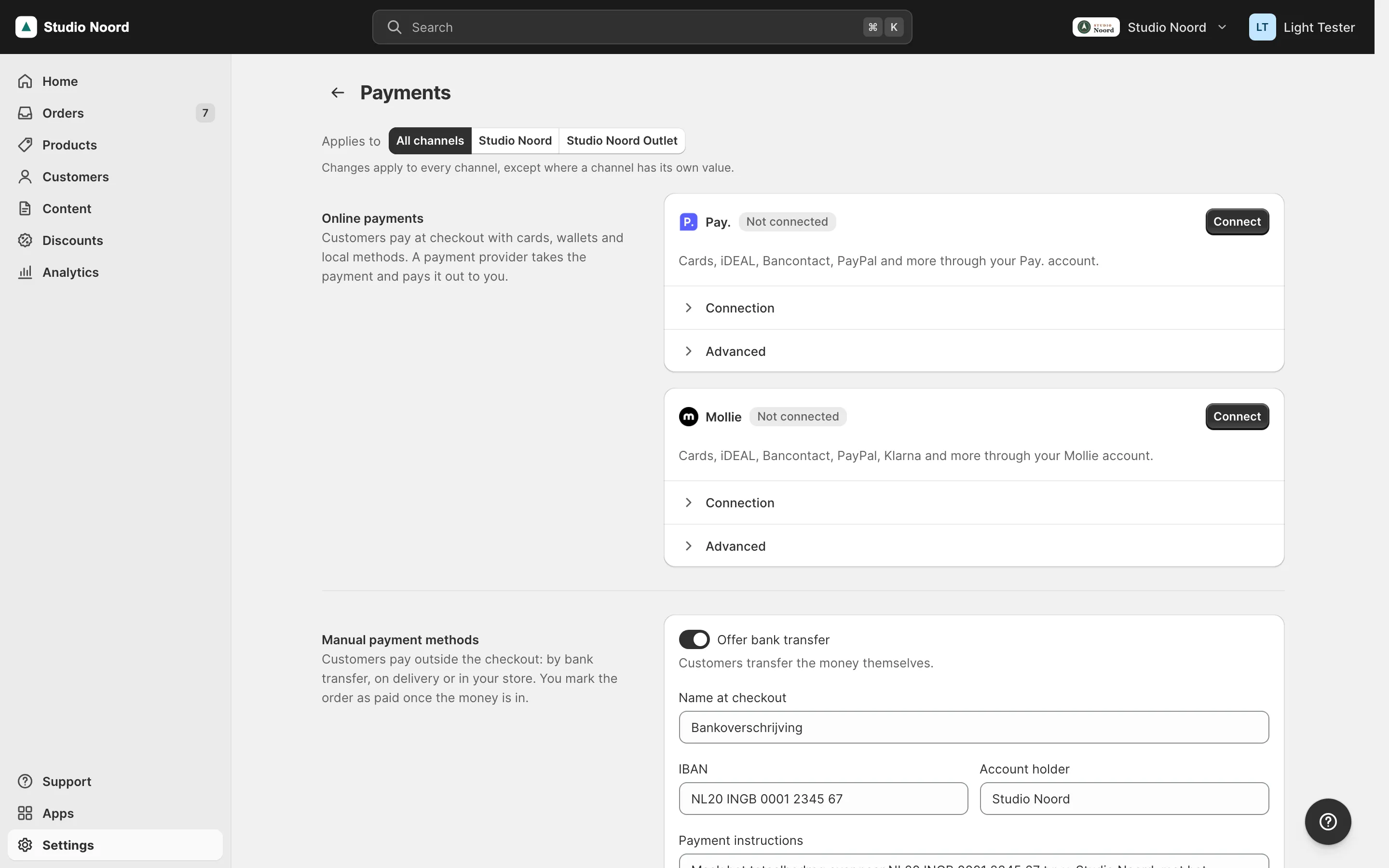 Settings > Payments: the Pay. and Mollie cards under Online payments, the manual payment methods below