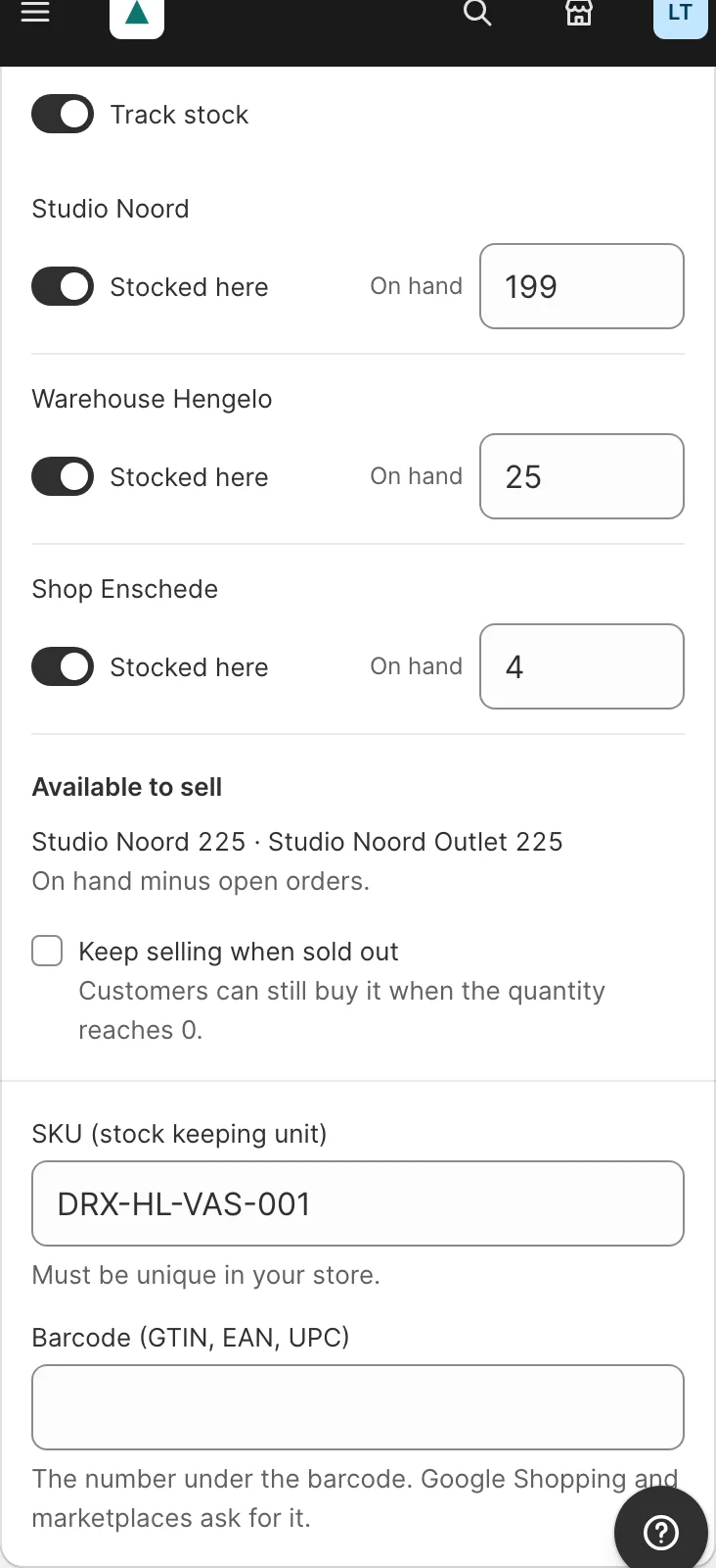 The product's Stock card on a phone