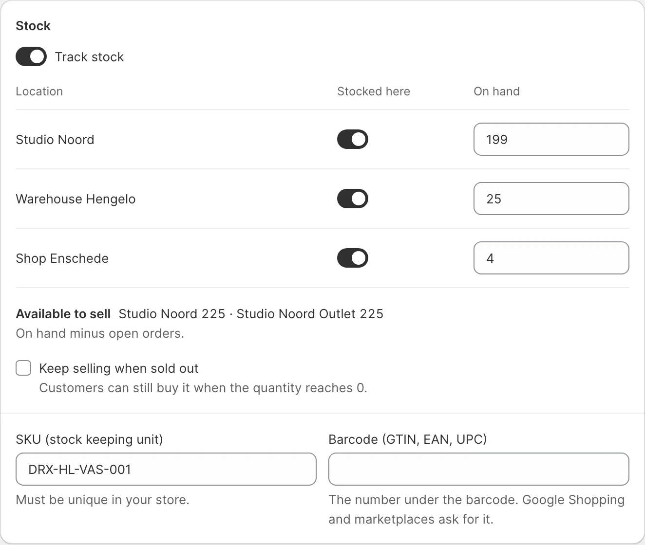 A product's Stock card in locations mode: one row per location with Stocked here and On hand, and Available to sell per channel