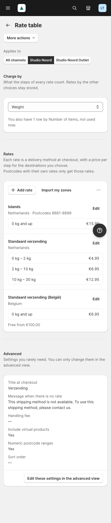 The Rate table page on a phone: Charge by as a select, the rates stacked, the Advanced part at the end