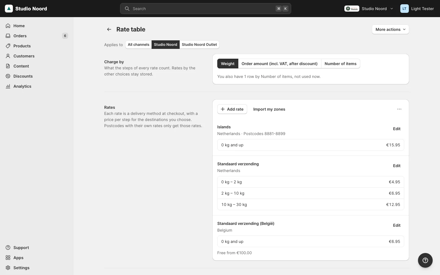 The pack's Rate table page: Charge by, and the rates as cards with their destinations, postcodes, steps and Free from