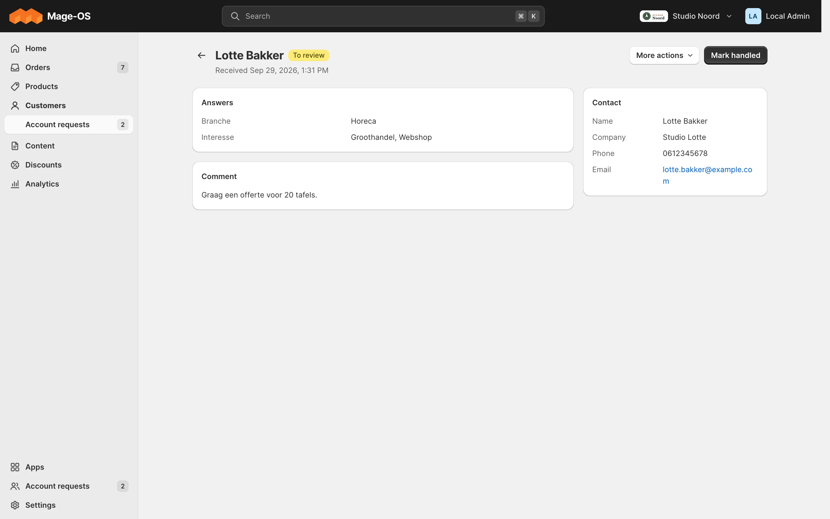 A request's detail page: the contact details, the answers and the comment, with Mark handled in the header