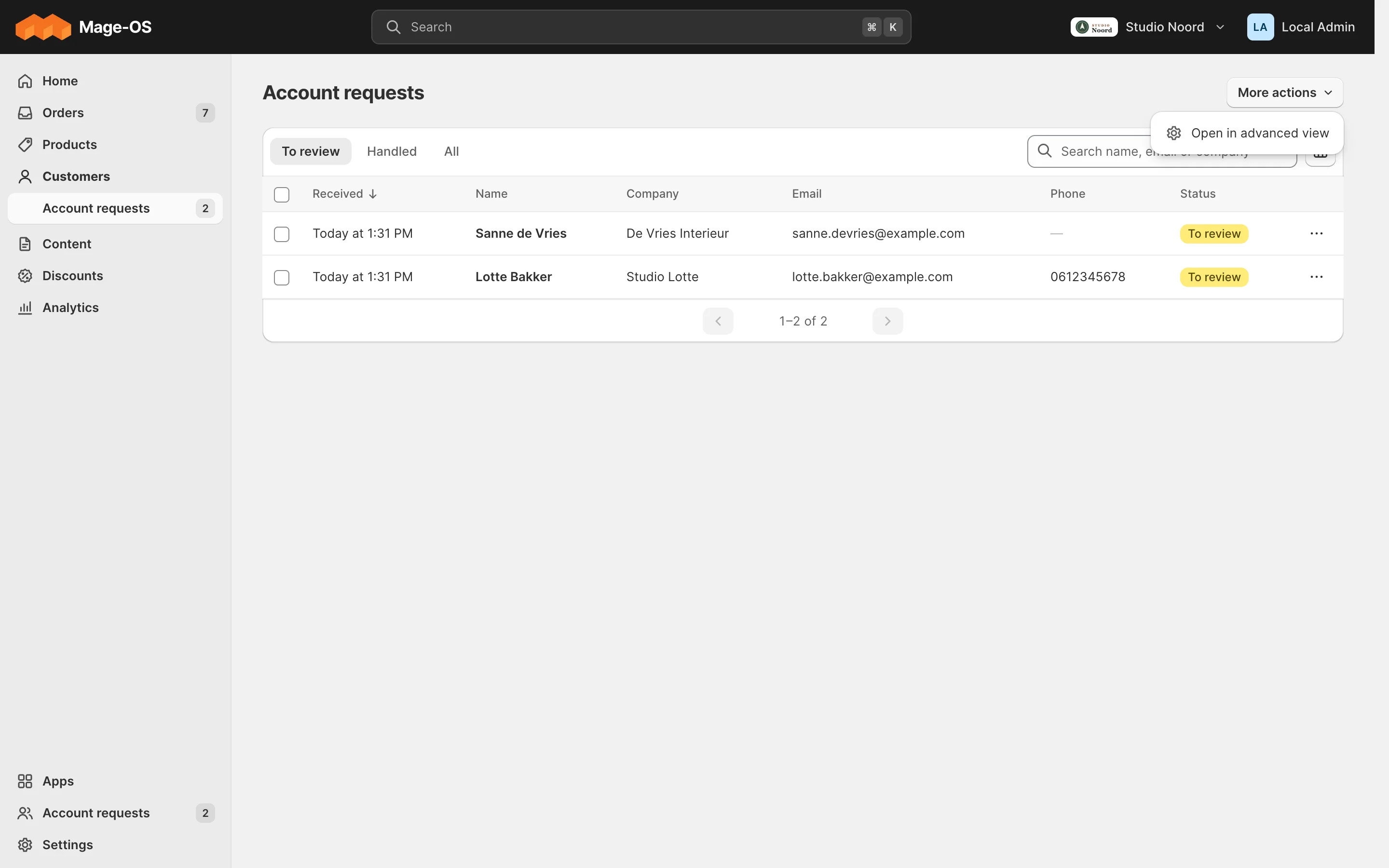 More actions on the Account requests list, with Open in advanced view