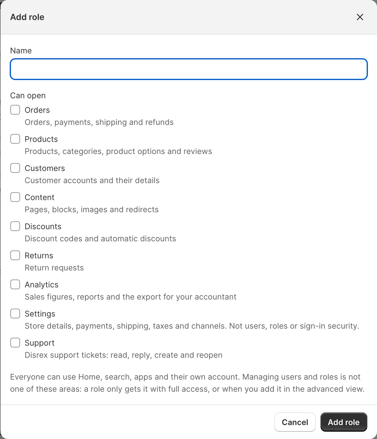 Add role on Settings > Users: a role ticks the areas it can open, and a module's screens come with the area they join