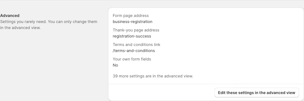 The end of the page: the Advanced section with read-only rows and the button to the advanced view