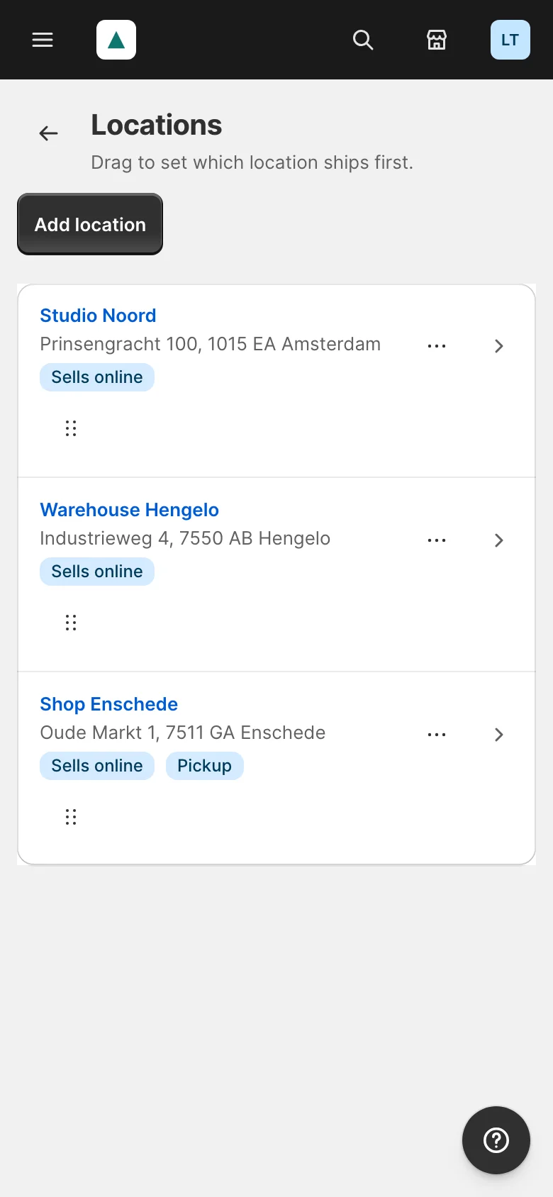Settings > Locations on a phone: one card per location with its badges