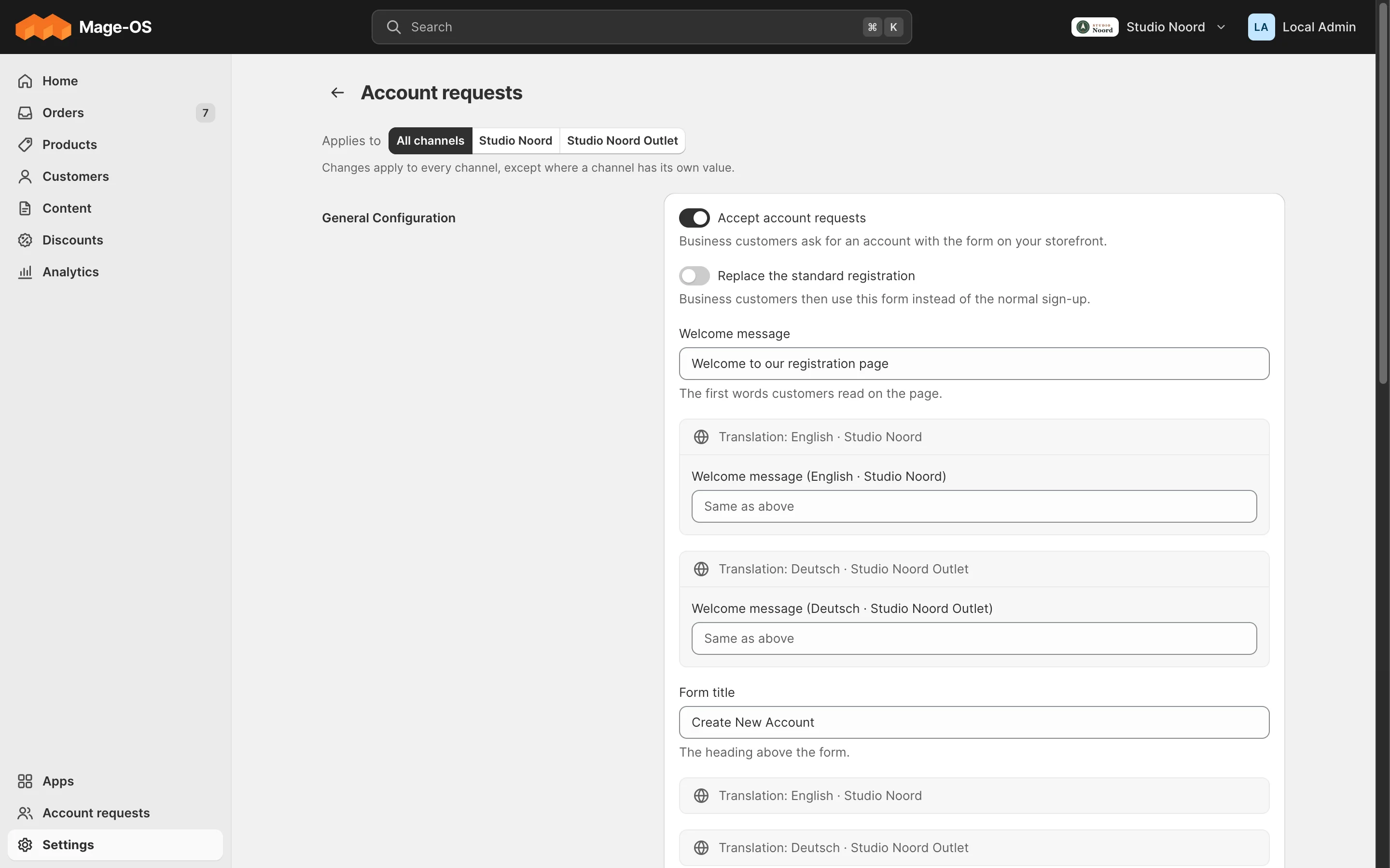 A store-view field on a settings page: one input per language under the main input