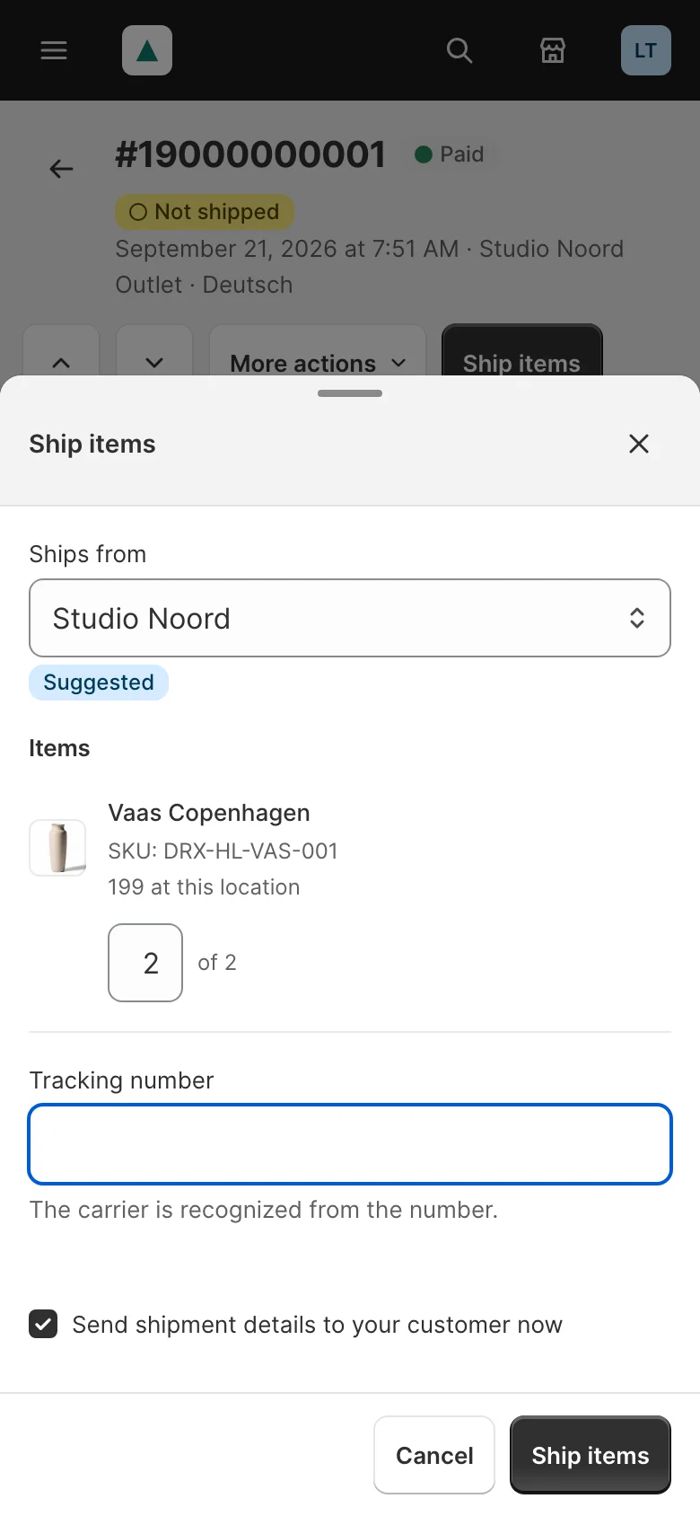 The Ship items dialog on a phone