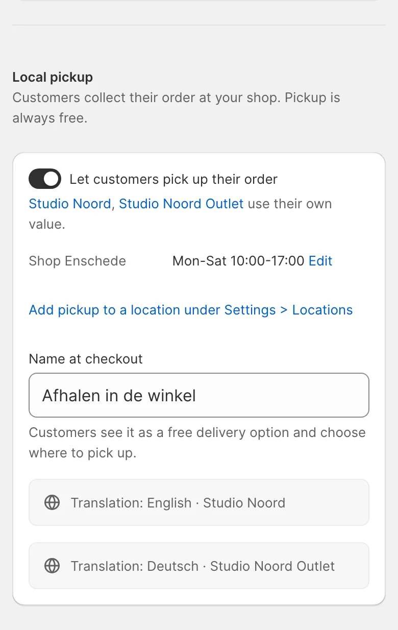 The Local pickup card in locations mode on a phone
