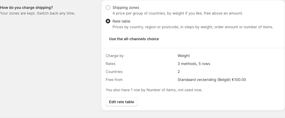 Settings > Shipping and pickup with the rate table pack: "How do you charge shipping?" with Rate table chosen and the channel's rates summed up