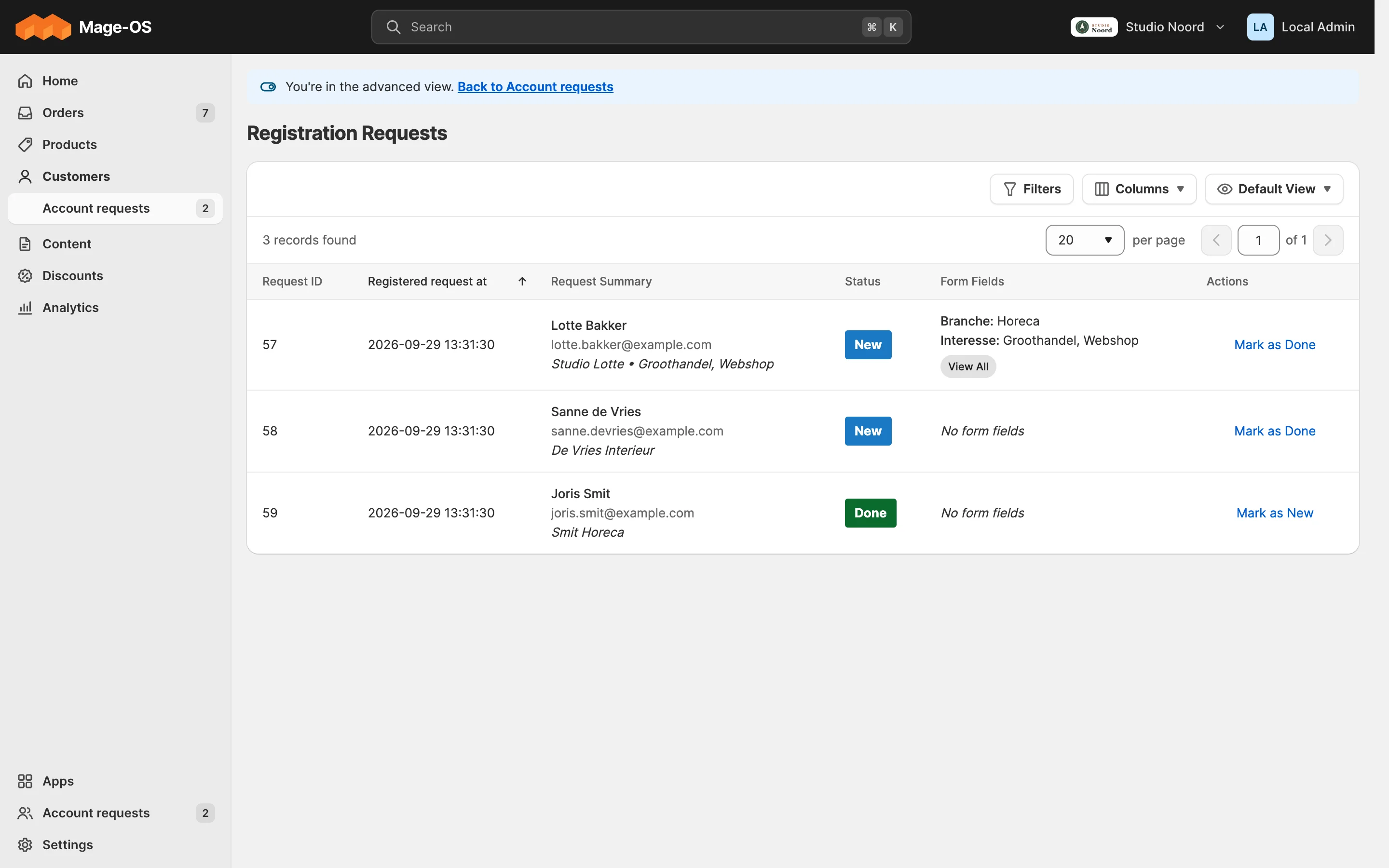 The module's stock grid in the advanced view, with the banner back to Account requests