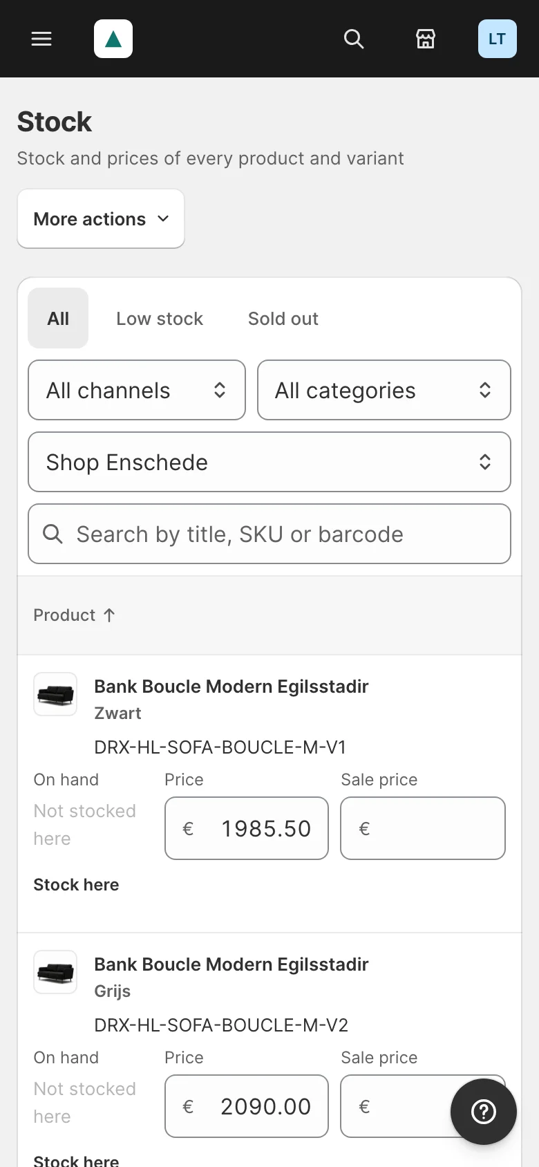 The Stock page filtered on one location, on a phone