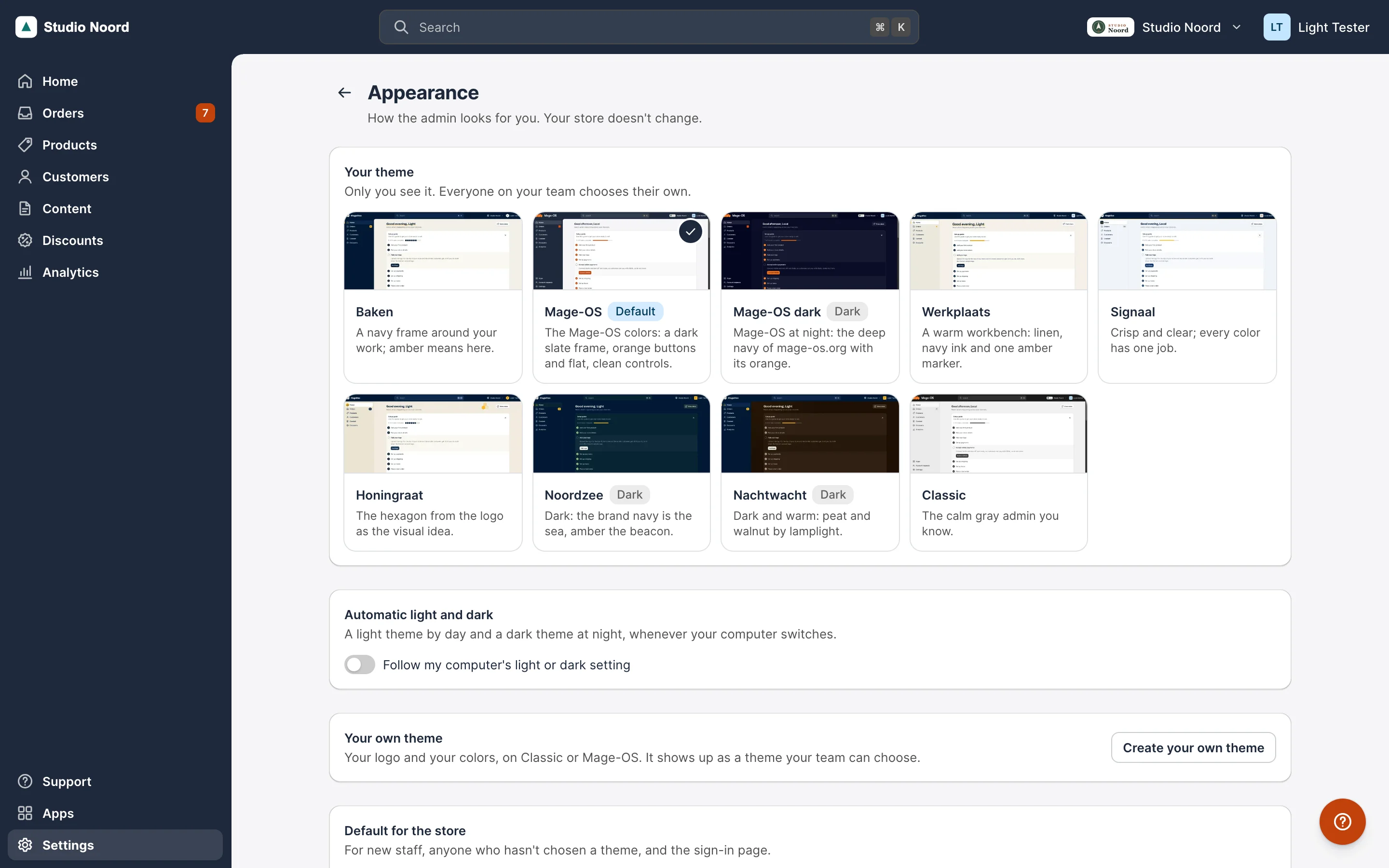 Settings > Appearance: every admin theme with a preview, the Mage-OS themes included